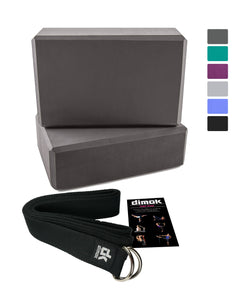 dimok Yoga Blocks and Strap Set - Foam Bricks 9x6x4 and 8FT Yoga Belt Metal D-Ring - High Density Premium Quality - Dimok